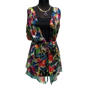 Cache Silk Floral Tunic + Black Stretch Cami Lot 2 Top New Self Belt NWT $118